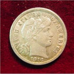 1916 P Barber Dime. AU 50.