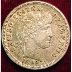 1892 P Barber Dime. Nicely toned Unc.