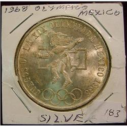1968 Mexico Olympics Silver 25 Peso. BU.