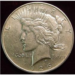 1926D Peace Dollar. AU.