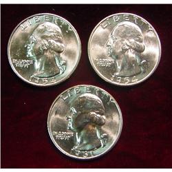 1954P, 54D & 61P Washington Quarters. Gem BU.