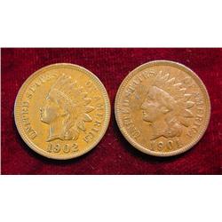 1901 F & 1902 EF Indian Head Cents.