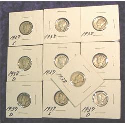 (10) Mercury Dimes 1937"  37D " 37S 38P & 38D. VG-F.