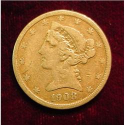 1908 P U.S. Five Dollar Gold Liberty. F-VF.