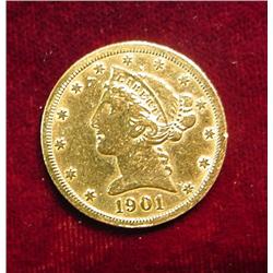 1901 S U.S. Five Dollar Gold Liberty. EF Cleaned