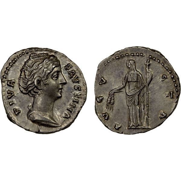 ROMAN EMPIRE: Diva Faustina I, died 140 AD, AR denarius (3.25g), Rome, Choice VF-EF