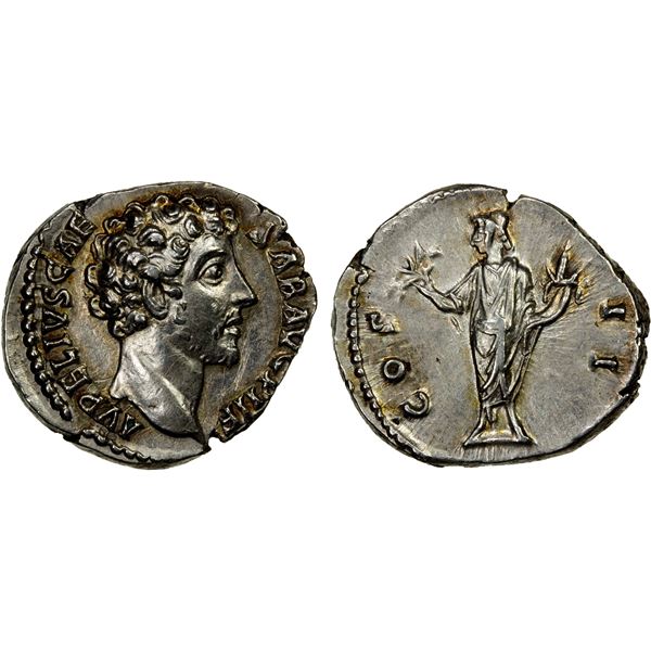 ROMAN EMPIRE: Marcus Aurelius, caesar, 139-161 AD, AR denarius (3.25g), Rome, 145-160 AD, EF