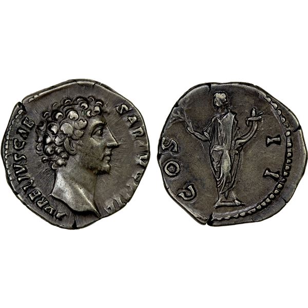 ROMAN EMPIRE: Marcus Aurelius, caesar, 139-161 AD, AR denarius (3.21g), Rome, 145-160 AD, VF