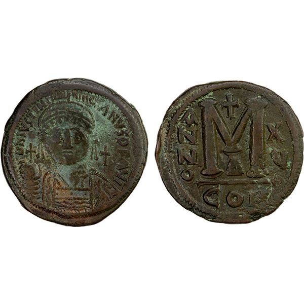 BYZANTINE EMPIRE: Justinian I, 527-565, AE follis (22.21g), Constantinople, year 15 (541/542), F-VF
