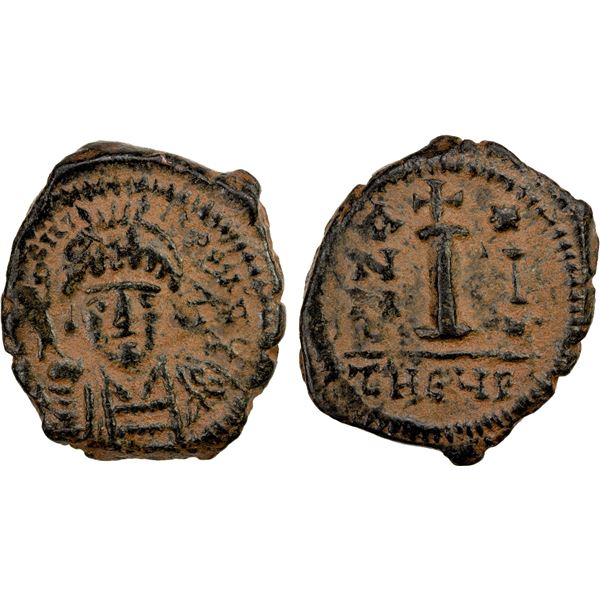 BYZANTINE EMPIRE: Justin II, 565-578, AE decanummium (3.07g), Theupolis (Antioch), year 1 (565), Cho