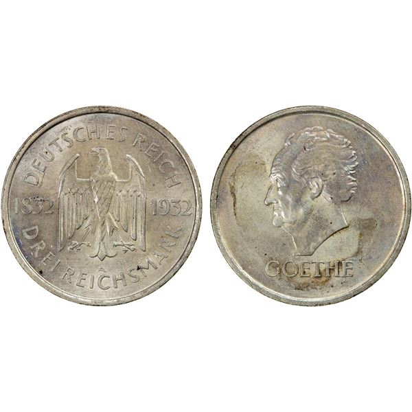 GERMANY: Weimar Republic, AR 3 reichsmark, 1932-A, Unc