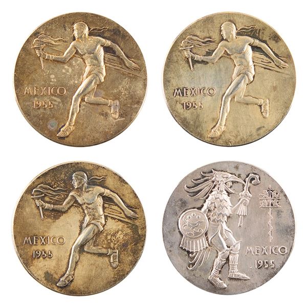 Mexico City 1955 Pan American Games (3) Gold Winner's Medal and (1) Silver Participation Medal