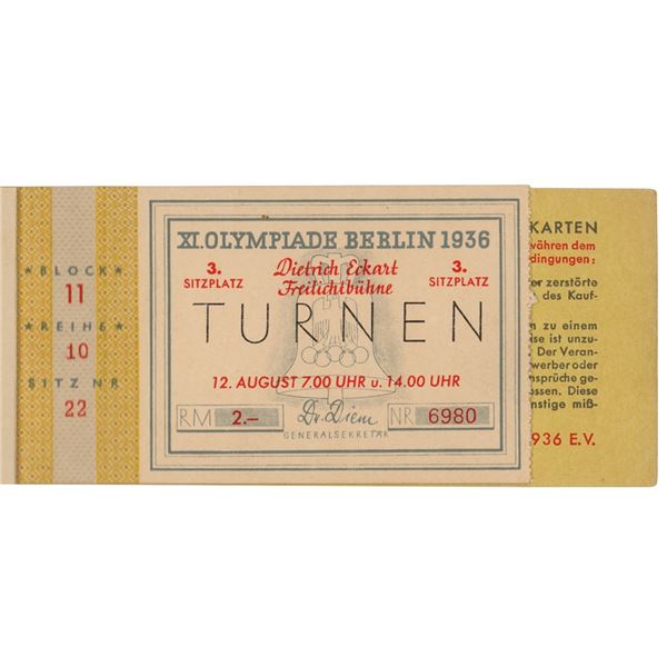 Berlin 1936 Summer Olympics Ticket Booklet and Ticket Stub for Gymnastics Event