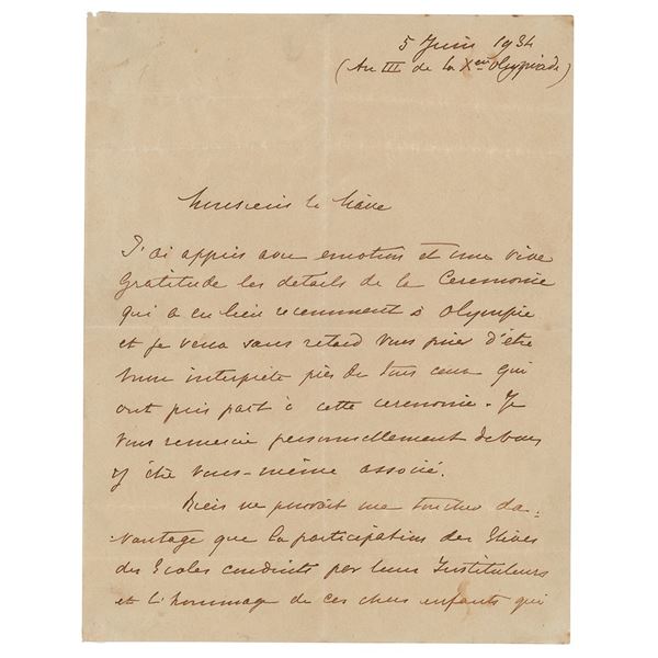 Pierre de Coubertin Autograph Letter Signed to the Mayor of Ancient Olympia