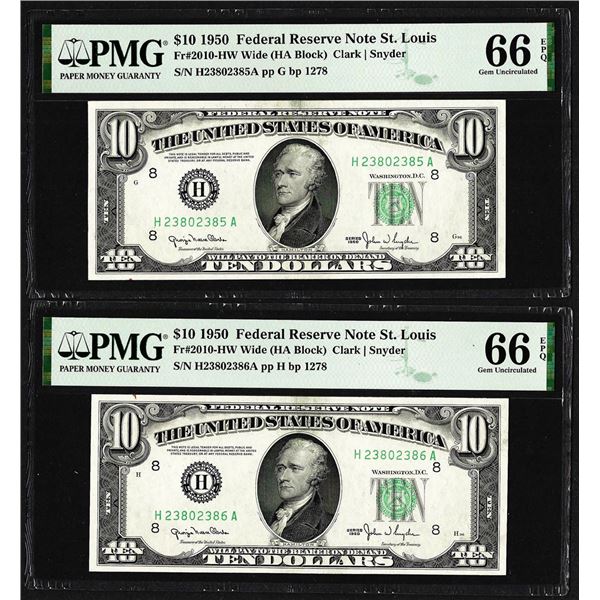 Lot of (2) Consecutive 1950 $10 Federal Reserve Notes STL PMG Gem Uncirculated 66EPQ