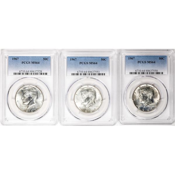 Lot of (3) 1967 Kennedy Half Dollar Coins PCGS MS64