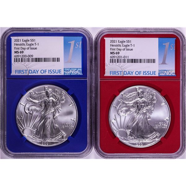 Lot of (2) 2021 Type 1 $1 American Silver Eagle Coins NGC MS69 FDOI Red & Blue Cores