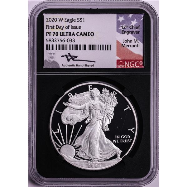 2020-W $1 Proof American Silver Eagle Coin NGC PF70 Ultra Cameo FDOI Mercanti Signed