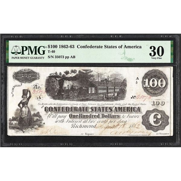 1862-63 $100 Confederate States of America Note T-40 PMG Very Fine 30