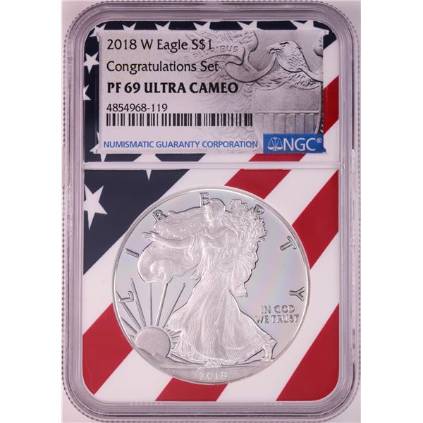 2018-W $1 Proof American Silver Eagle Coin NGC PF69 Ultra Cameo Congratulations Flag
