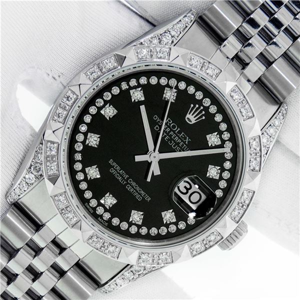 Rolex Men's Stainless Steel Black Diamond Pyramid Bezel Datejust Wristwatch