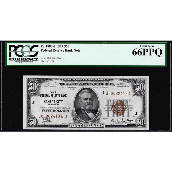 1929 $50 Federal Reserve Bank Note Kansas City Fr.1880-J PCGS Gem New 66PPQ