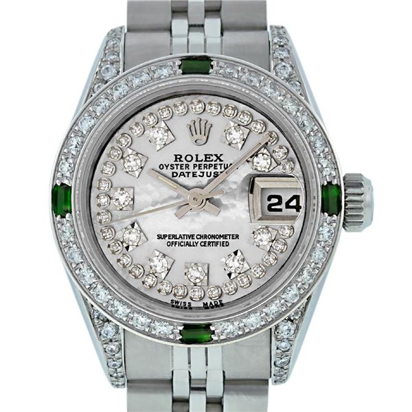 Rolex Ladies Stainless Steel MOP Diamond & Emerald Datejust Watch