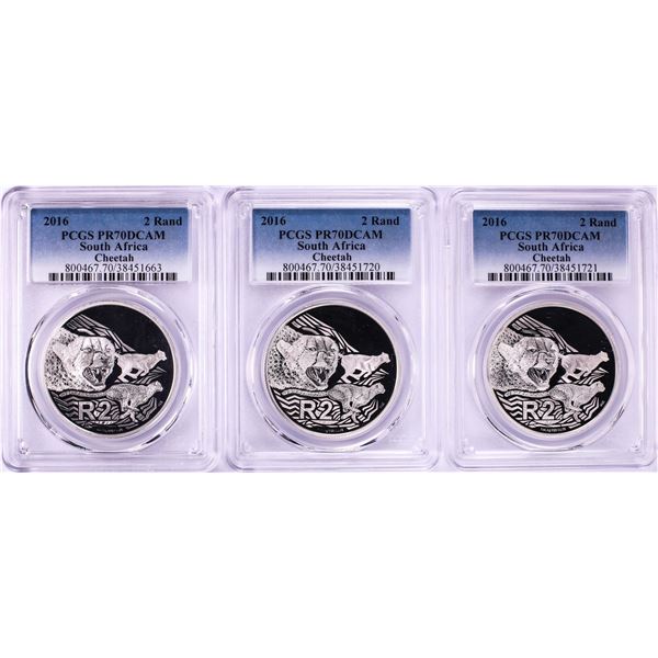 Lot of (3) 2016 Proof South Africa 2 Rand Cheetah Silver Coins PCGS PR70DCAM