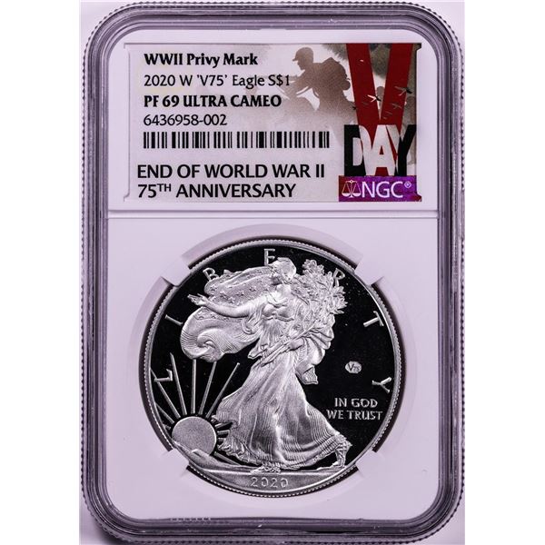 2020-W V75 $1 WWII Privy Mark Proof American Silver Eagle Coin NGC PF69 Ultra Cameo