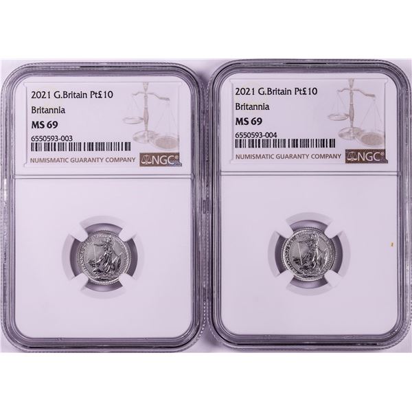 Lot of (2) 2021 Great Britain 10 Pounds Britannia 1/10oz Platinum Coins NGC MS69