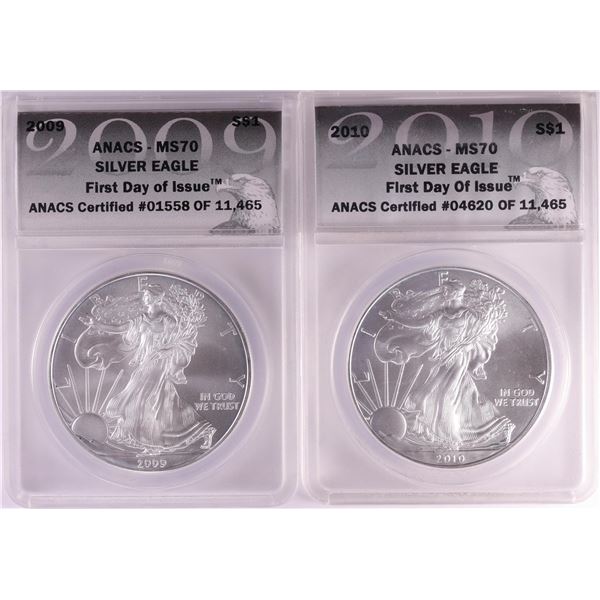 Lot of 2009-2010 $1 American Silver Eagle Coins ANACS MS70