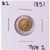 Image 1 : 1851 Type 1 $1 Liberty Head Gold Dollar Coin