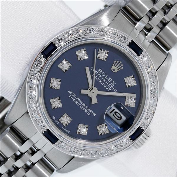 Rolex Ladies Stainless Steel Blue Diamond & Sapphire Datejust Wristwatch