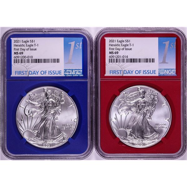 Lot of (2) 2021 Type 1 $1 American Silver Eagle Coins NGC MS69 FDOI Red & Blue Cores