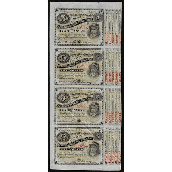 Uncut Sheet of (4) State of Louisiana Baby Bond Obsolete Notes