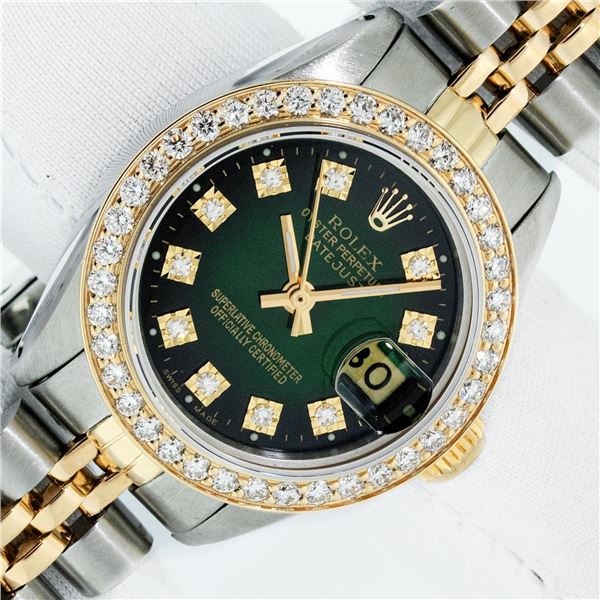 Rolex Ladies Two Tone Green Vignette 1 ctw VS Diamond Datejust Wristwatch
