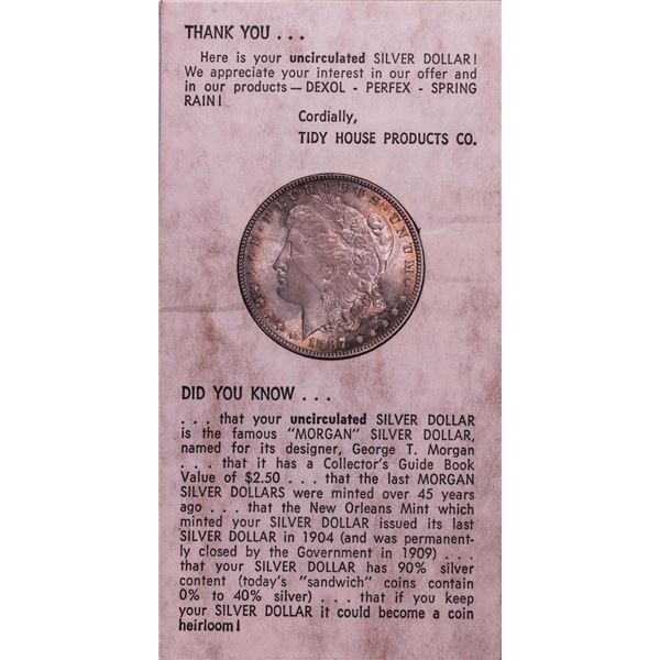 Tidy House Holder 1887 $1 Morgan Silver Dollar Coin w/ Nice Toning