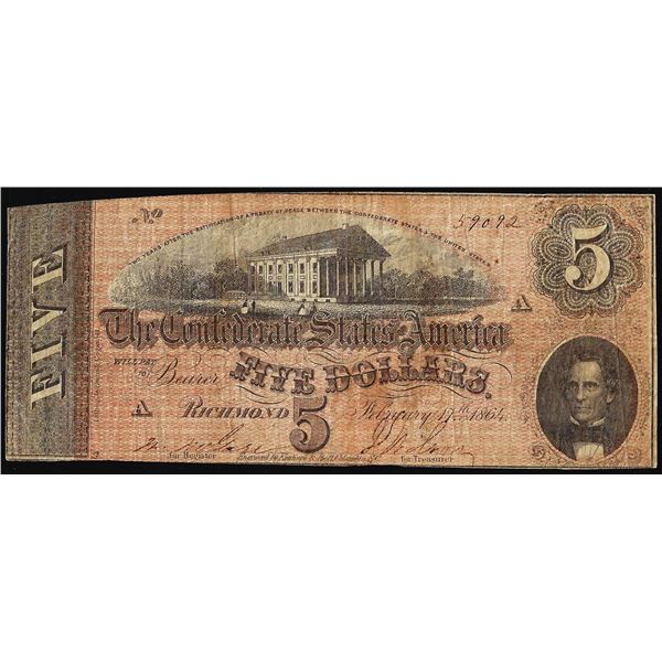 1864 $5 Confederate States of America Note