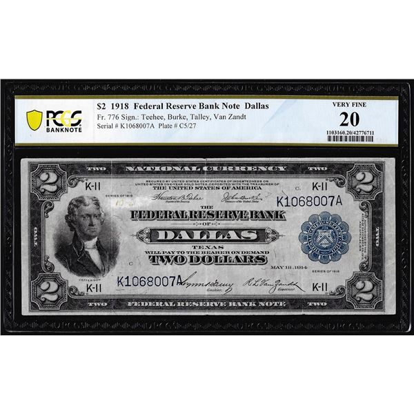 1918 $2 Battleship Federal Reserve Bank Note Dallas Fr.776 PCGS Very Fine 20