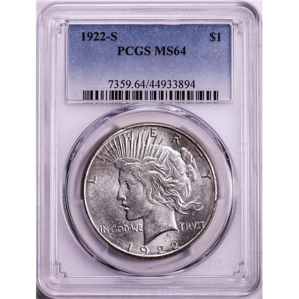 1922-S $1 Peace Silver Dollar Coin PCGS MS64