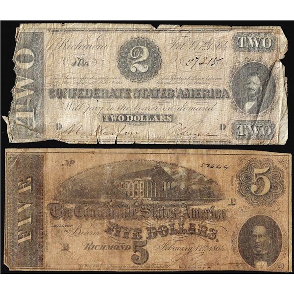 Lot of 1864 $2 & $5 Confederate States of America Notes