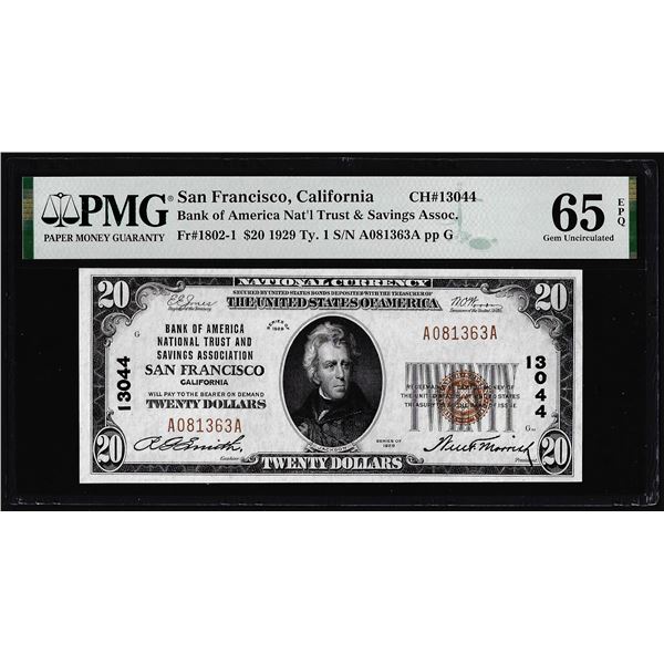 1929 $20 BofA San Francisco, CA CH# 13044 National Currency Note PMG Gem Unc. 65EPQ