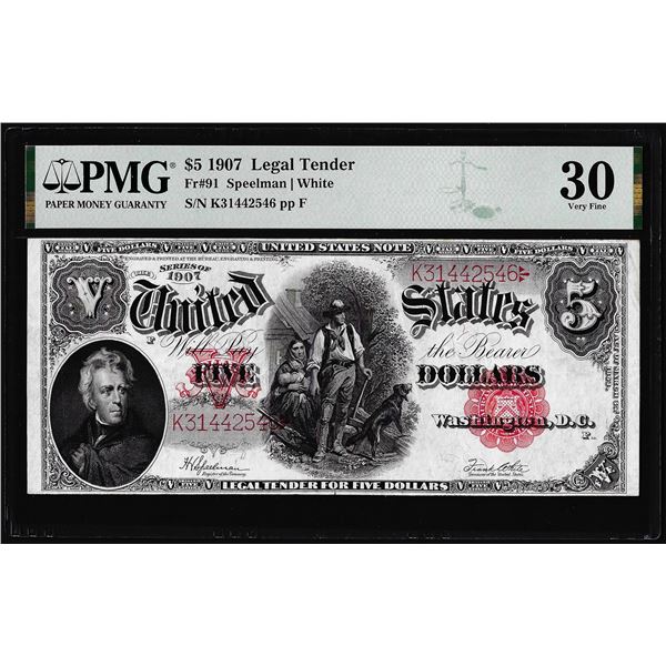1907 $5 Woodchopper Legal Tender Note PCBLIC Error Fr.91 PMG Very Fine 30
