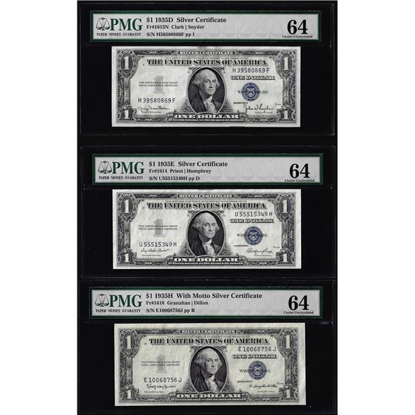 Lot of (3) 1935D/E/H $1 Silver Certificate Notes PMG Choice Uncirculated 64