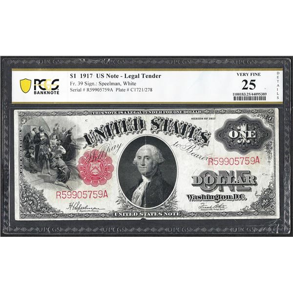 1917 $1 Legal Tender Note Fr. 39 PCGS Very Fine 25 Details