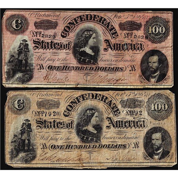 Lot of (2) 1864 $100 Confederate States of America Notes - Damaged