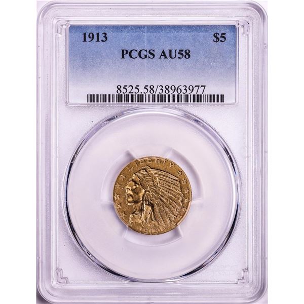 1913 $5 Indian Head Half Eagle Gold Coin PCGS AU58