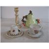 Image 4 : (2) cup/saucers bell, teapot,candle,dove dish,ornaments