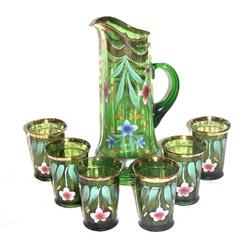 Victorian Enameled Tankard w 6 Northwood Tumblers