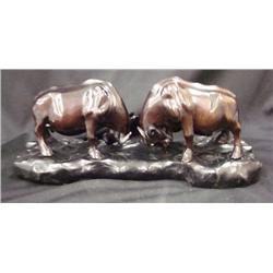 Oriental Pair of Hand Carved Fighting Bulls w/Stand